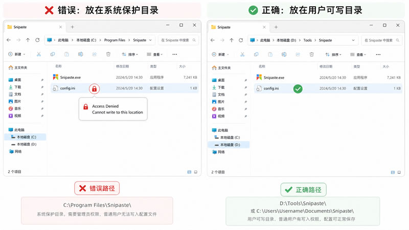 Snipaste错误安装路径与正确安装路径的对比 Snipaste错误安装路径与正确安装路径的对比