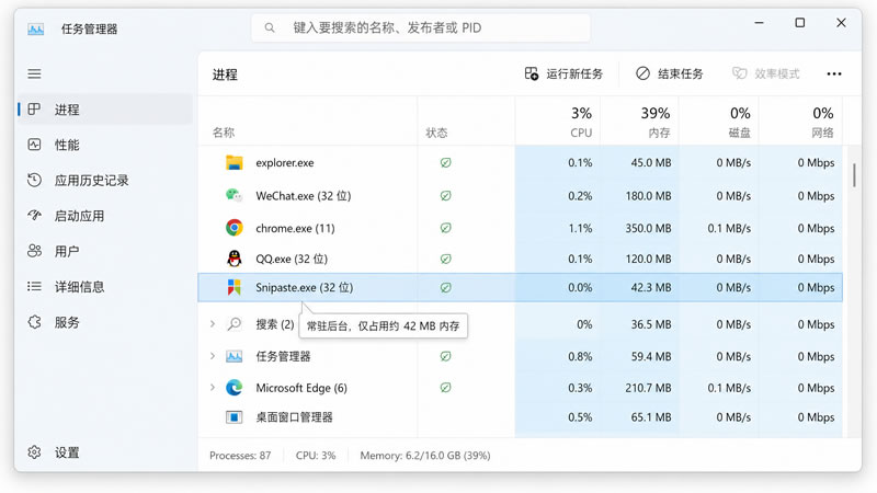 日常待机状态下,Snipaste 仅占用约 40MB 内存 日常待机状态下,Snipaste 仅占用约 40MB 内存